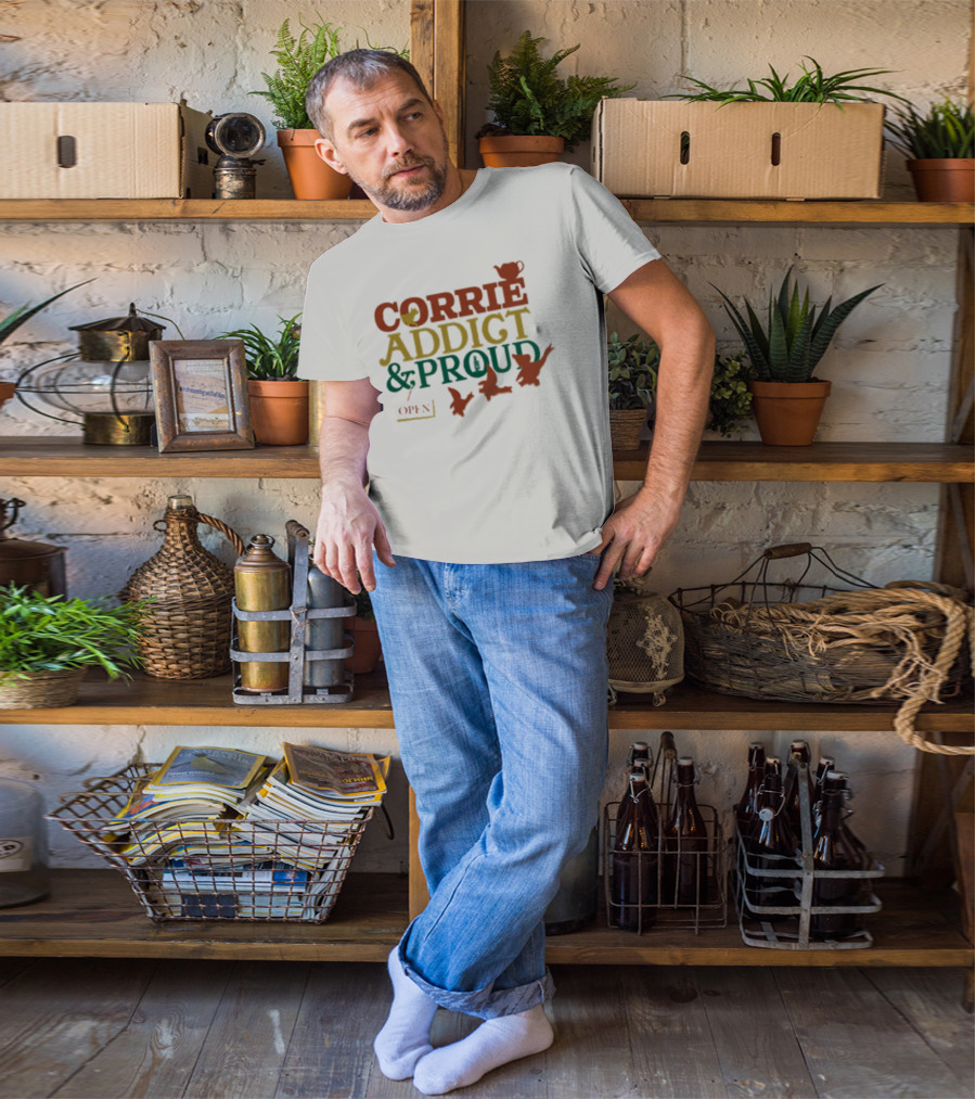 CORRIE ADDICT & PROUD OPEN Teapot Birds T-Shirt