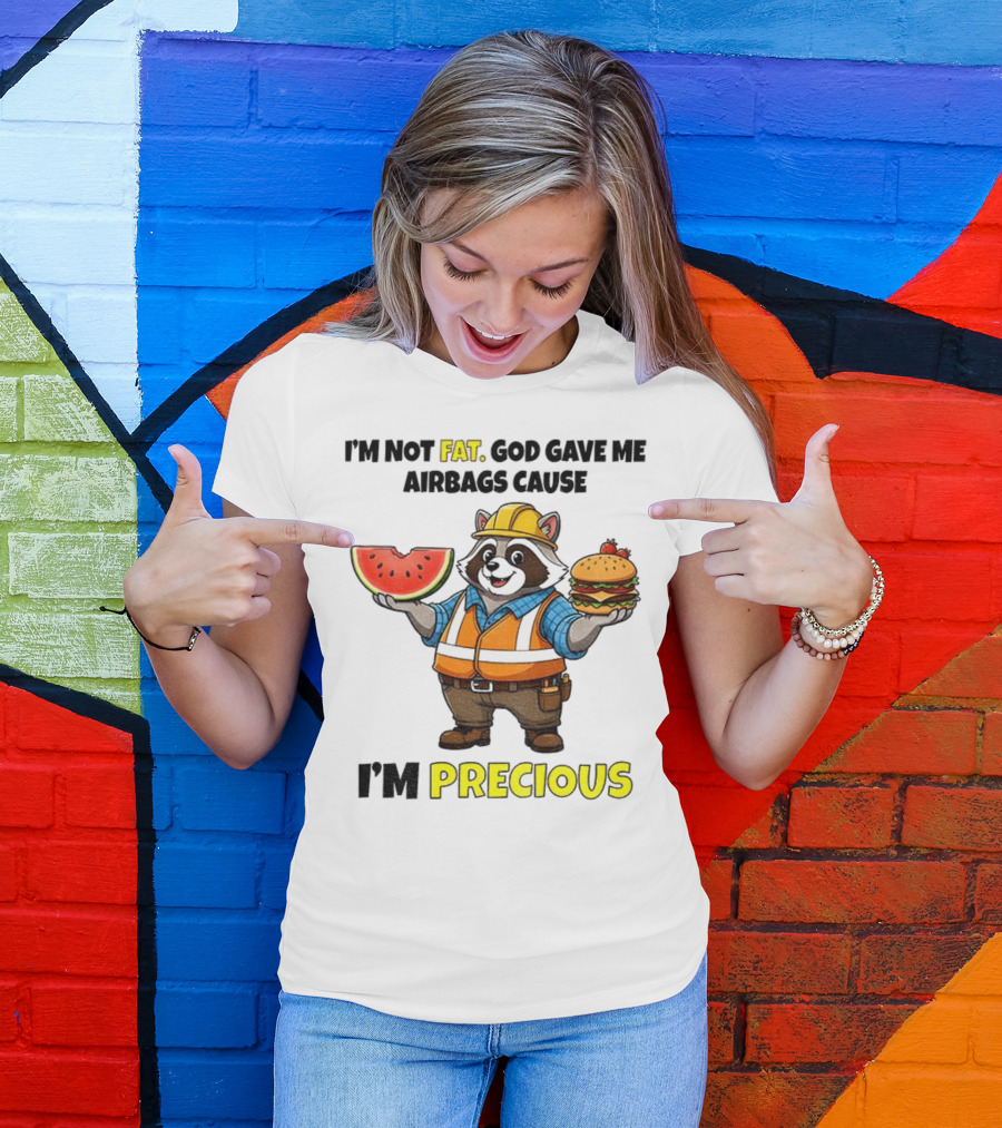 Raccoon In Safety Gear Holding Watermelon And Burger I'm Not Fat Precious T-Shirt