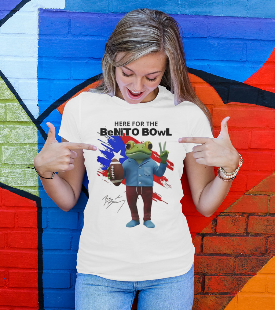 Bad Bunny Here For The Benito Bowl Super Bowl Frogs Puerto Rico Flag Football Peace Sign Signature T-Shirt