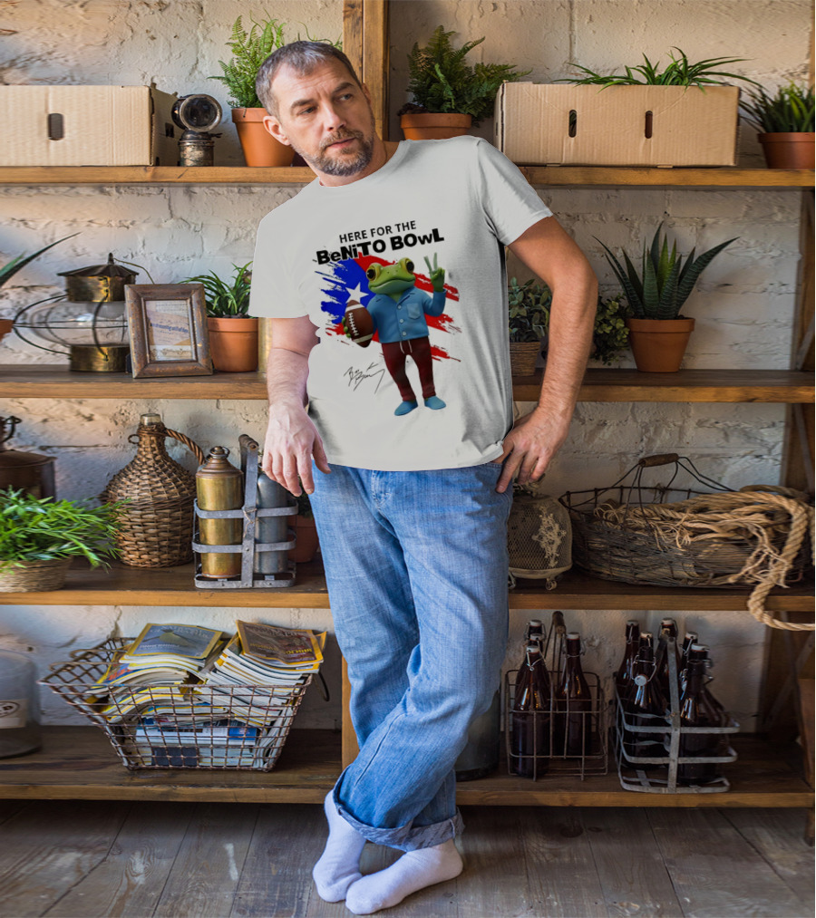Bad Bunny Here For The Benito Bowl Super Bowl Frogs Puerto Rico Flag Football Peace Sign Signature T-Shirt