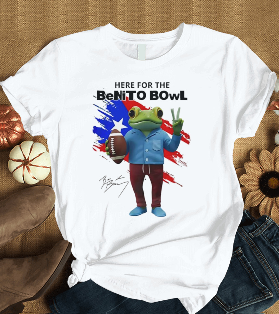 Bad Bunny Here For The Benito Bowl Super Bowl Frogs Puerto Rico Flag Football Peace Sign Signature T-Shirt