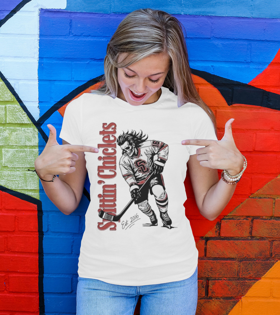 Spittin Chiclets Skullet Skeleton Player Hockey Est 2016 T-Shirt