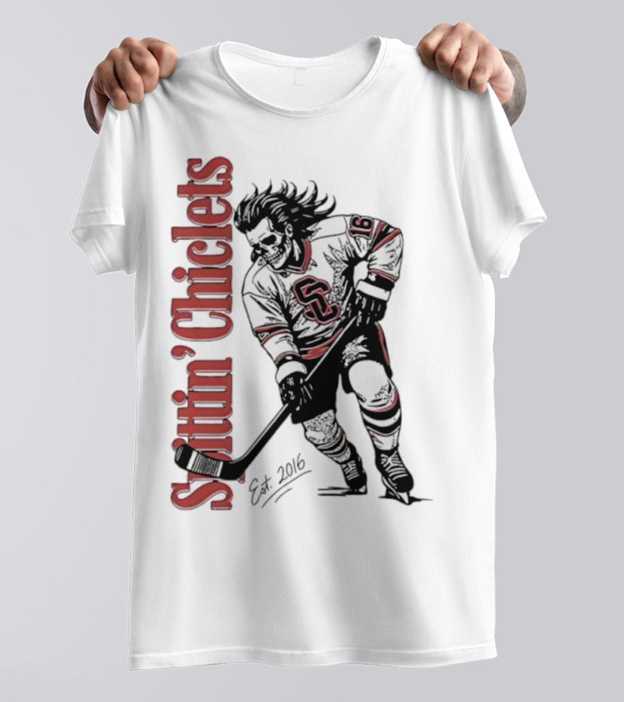 Spittin Chiclets Skullet Skeleton Player Hockey Est 2016 T-Shirt