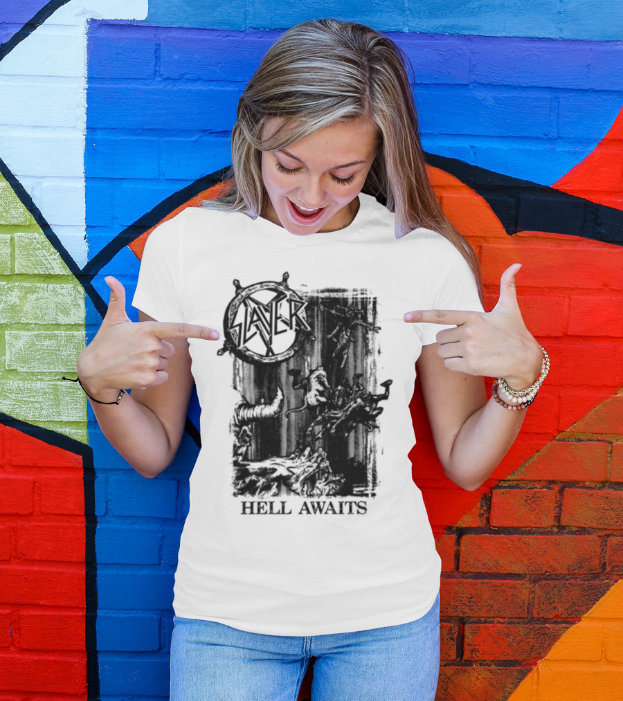 Monochrome Slayer Hell Awaits Acid Iconic Band Art T-Shirt