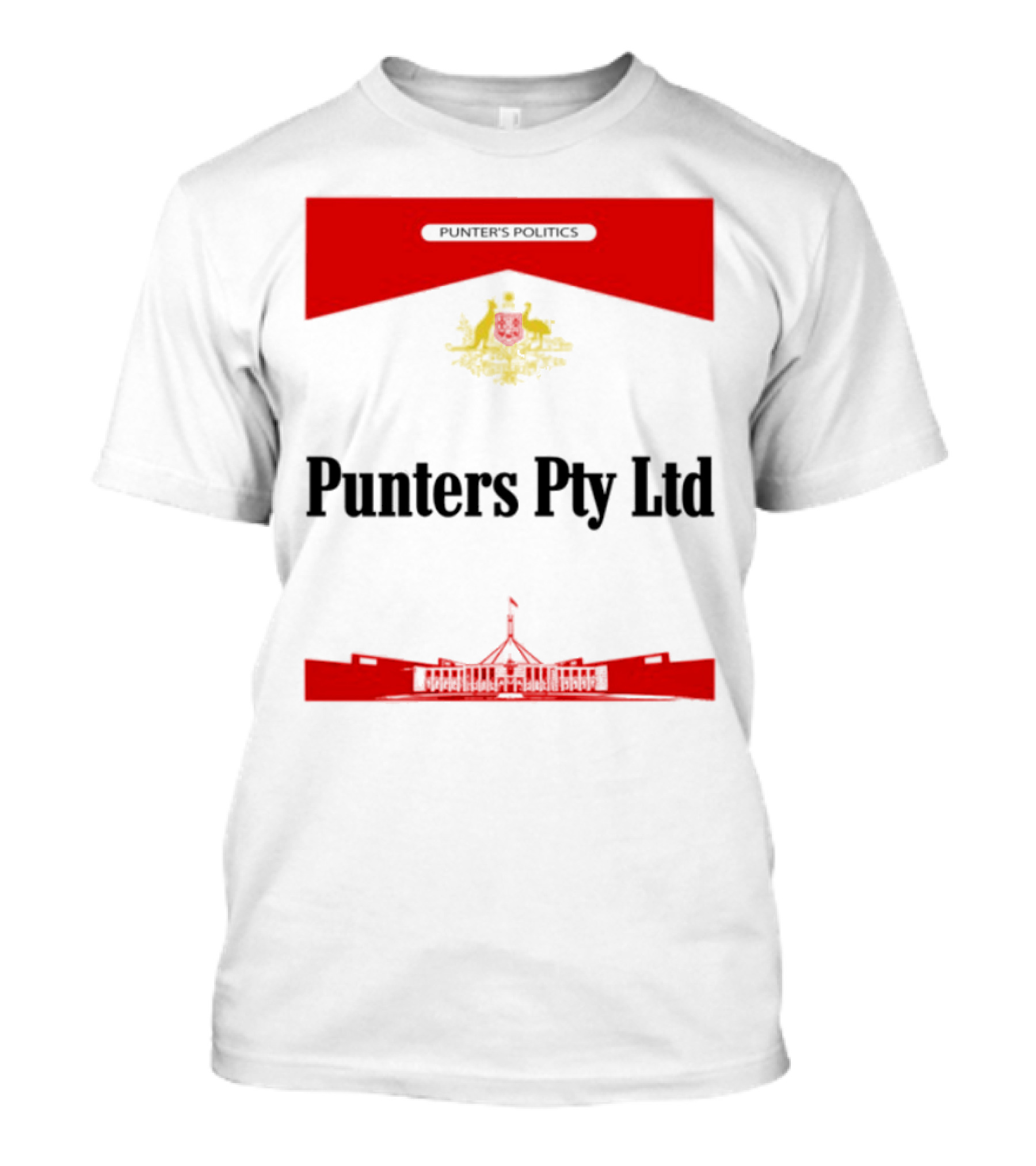 Punter's Lobbyist Uniform Australia's Parliament House Silhouette Red And Gold Emblem T-Shirt