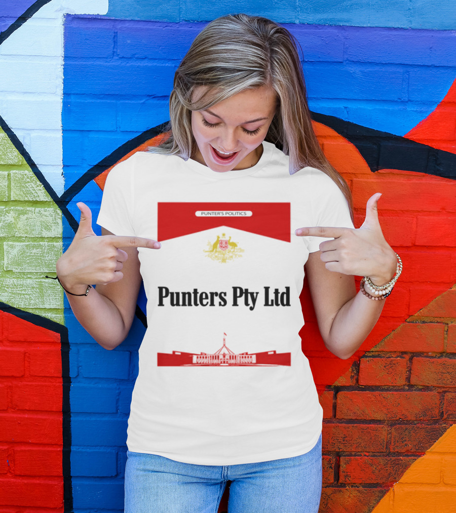 Punter's Lobbyist Uniform Australia's Parliament House Silhouette Red And Gold Emblem T-Shirt
