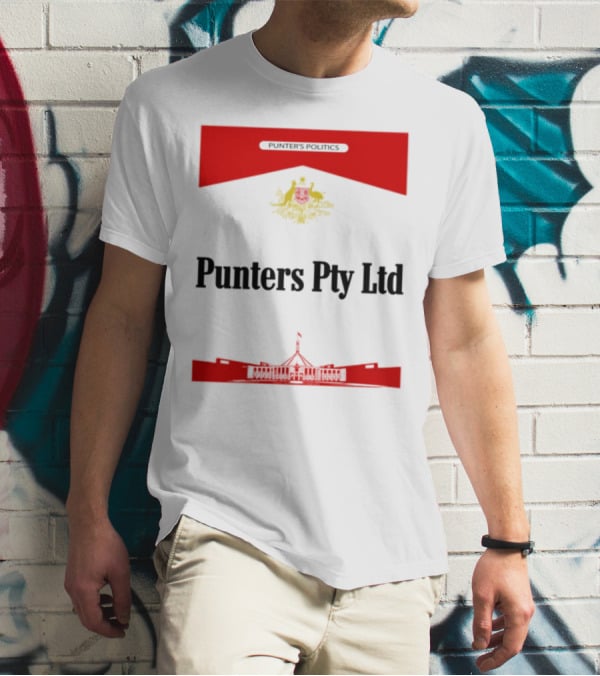 Punter's Lobbyist Uniform Australia's Parliament House Silhouette Red And Gold Emblem T-Shirt