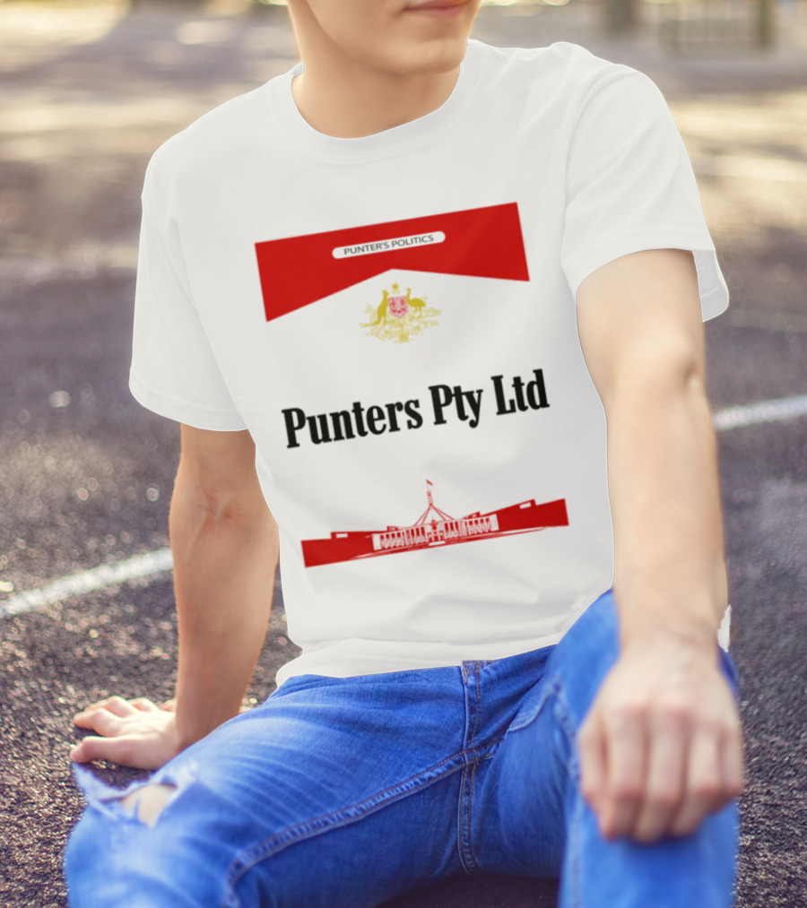 Punter's Lobbyist Uniform Australia's Parliament House Silhouette Red And Gold Emblem T-Shirt