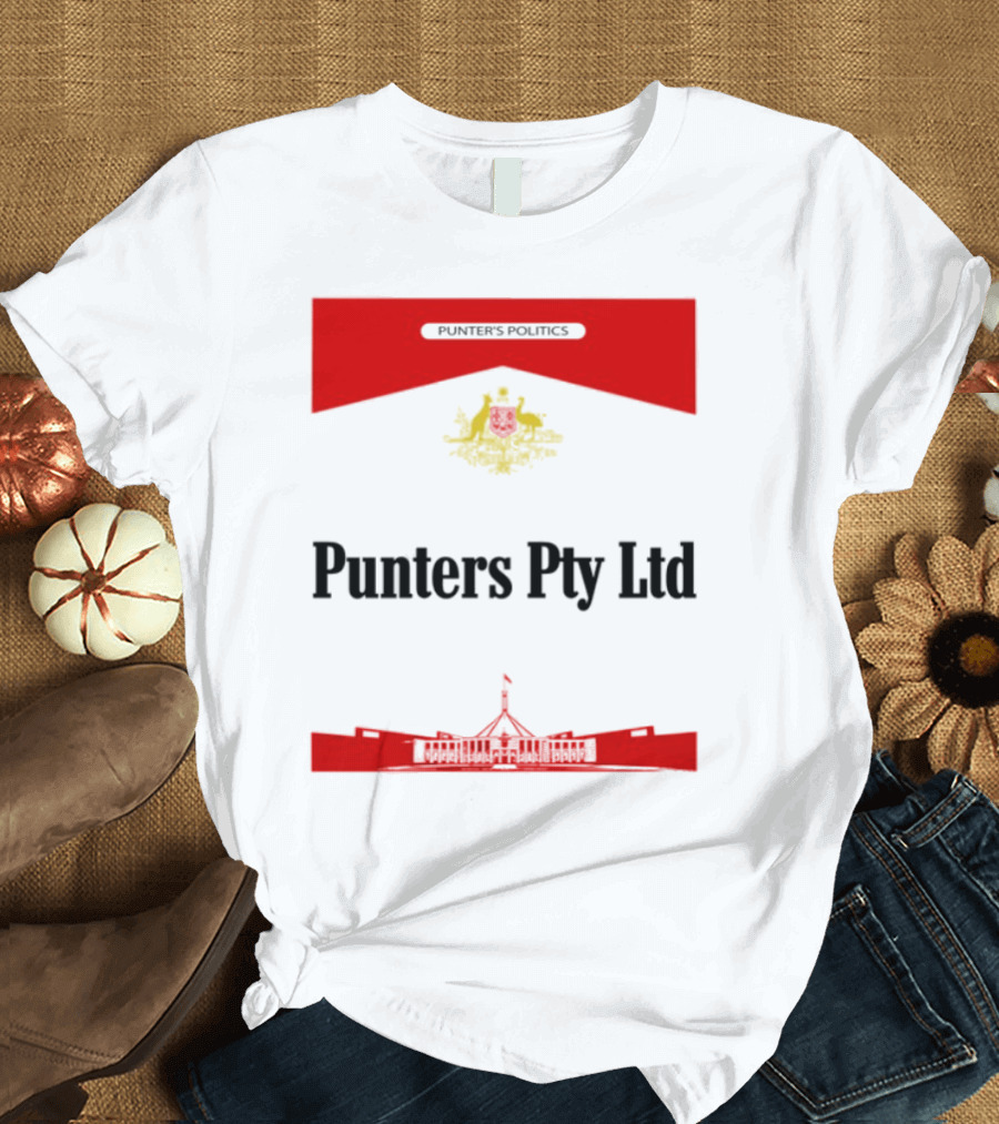 Punter's Lobbyist Uniform Australia's Parliament House Silhouette Red And Gold Emblem T-Shirt
