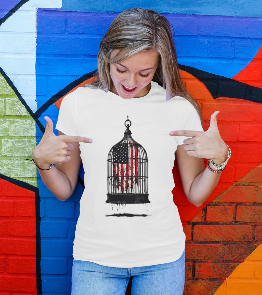 Caged Liberty American Flag Birdcage Government Shutdown T-Shirt