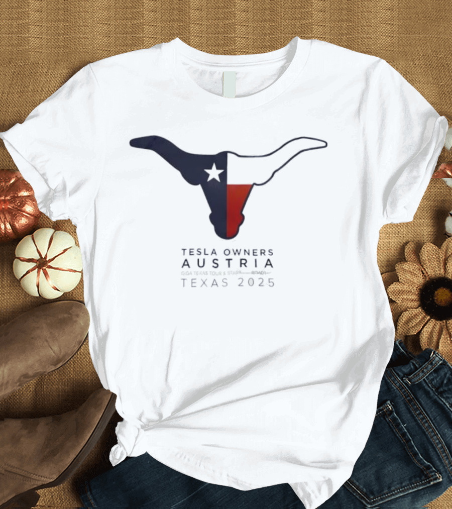 Tesla Owners Austria Texas 2025 Tour Longhorn Star Outline Logo T-Shirt