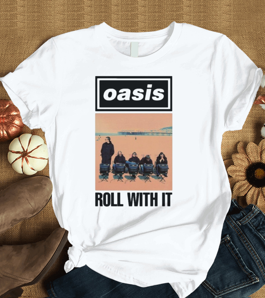Oasis Roll With It Single Beach Scene Retro Style T-Shirt