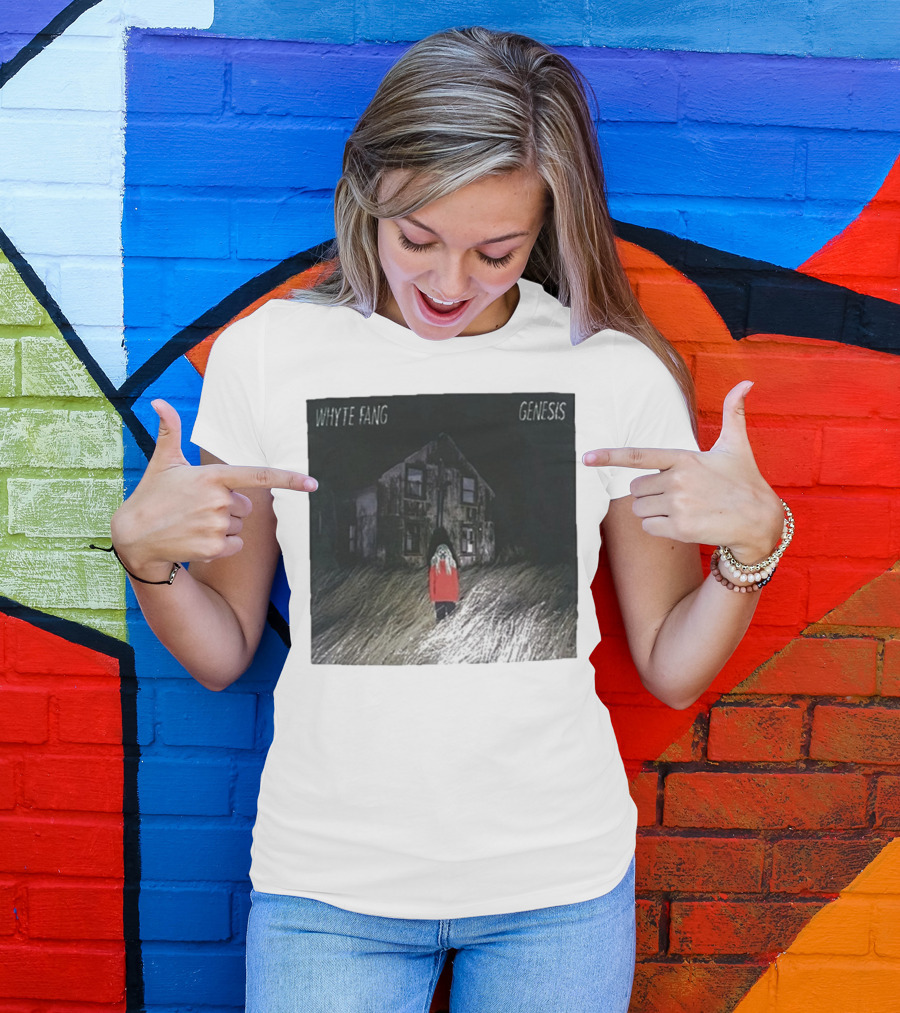 Whyte Fang Genesis Album Cover Creepy House And Figure In Red Jacket T-Shirt