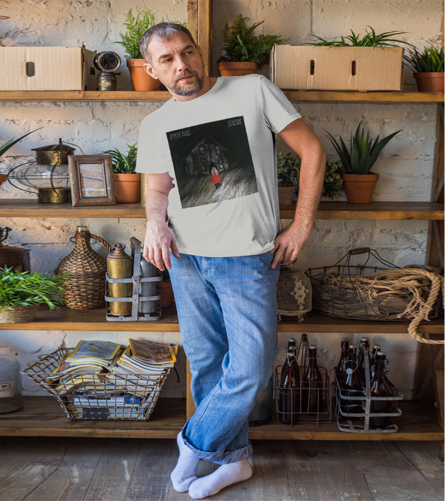 Whyte Fang Genesis Album Cover Creepy House And Figure In Red Jacket T-Shirt