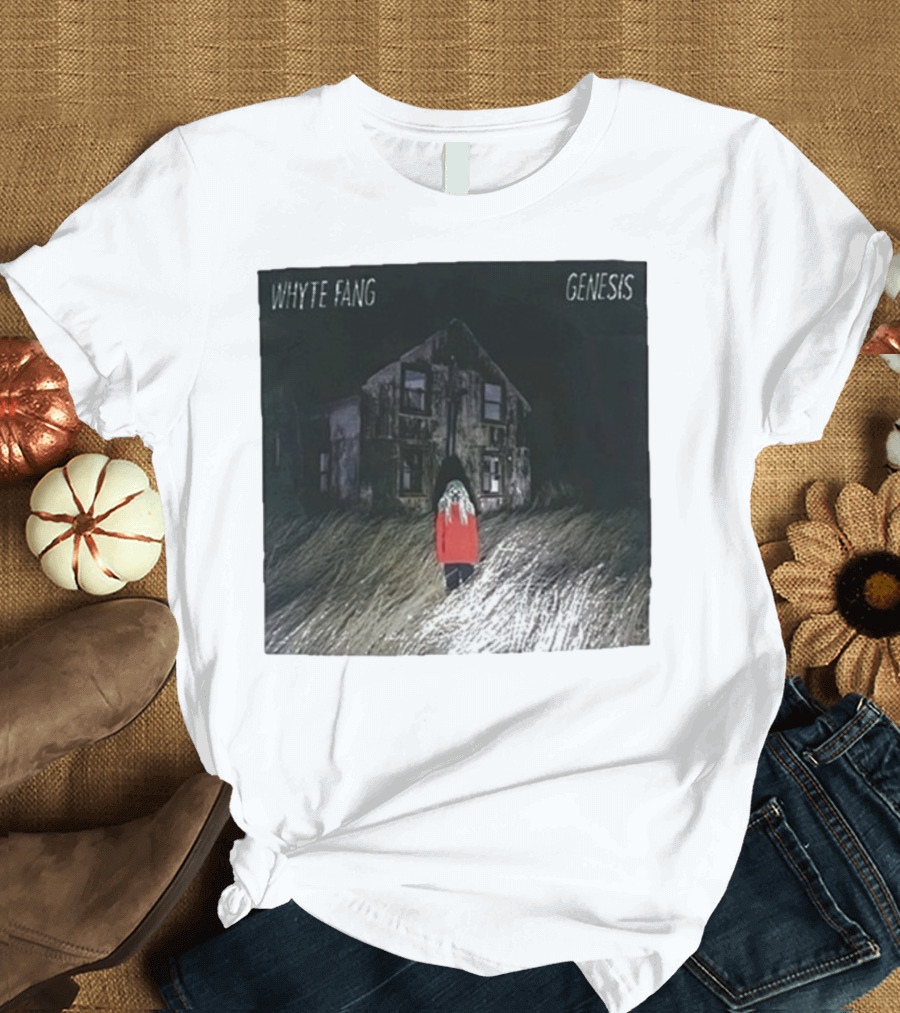 Whyte Fang Genesis Album Cover Creepy House And Figure In Red Jacket T-Shirt