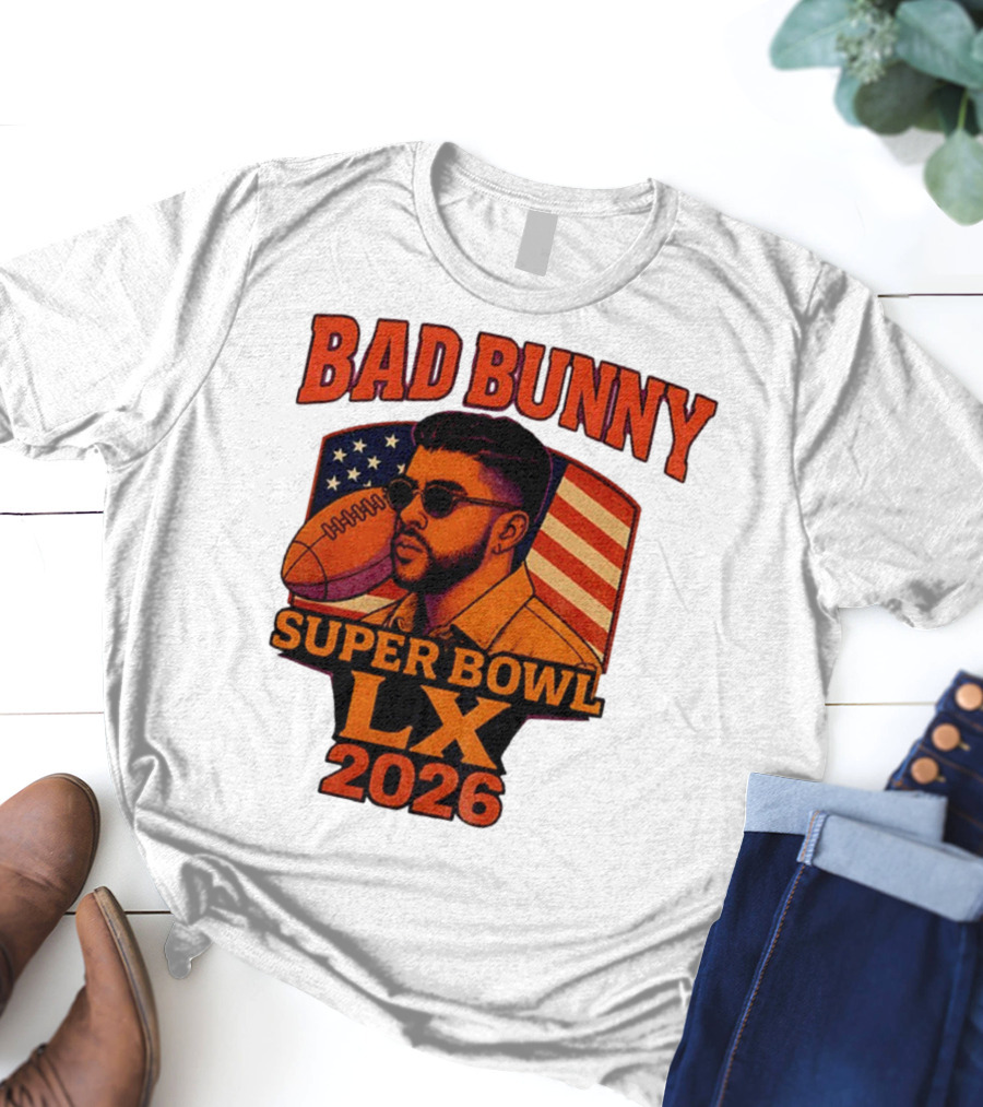 Bad Bunny Super Bowl LX 2026 American Flag Football Graphic T-Shirt