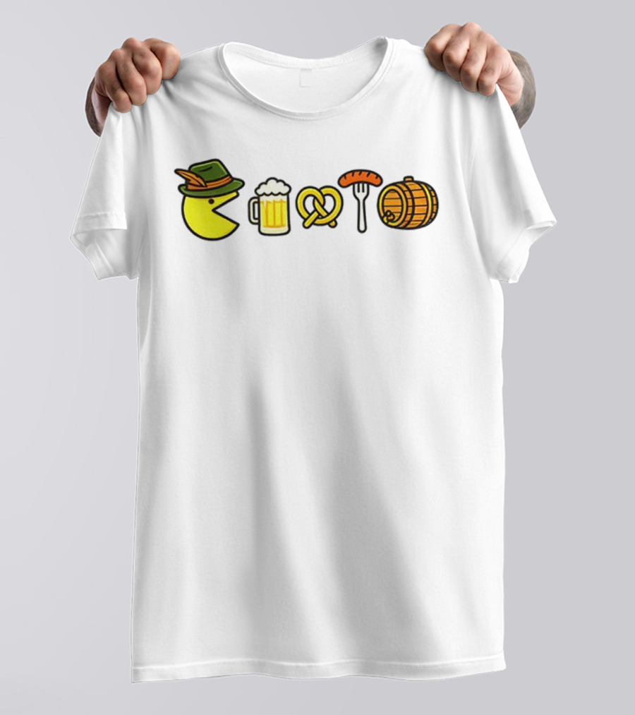 Pac-Man Oktoberfest Beer Pretzel Sausage Barrel Icons T-Shirt