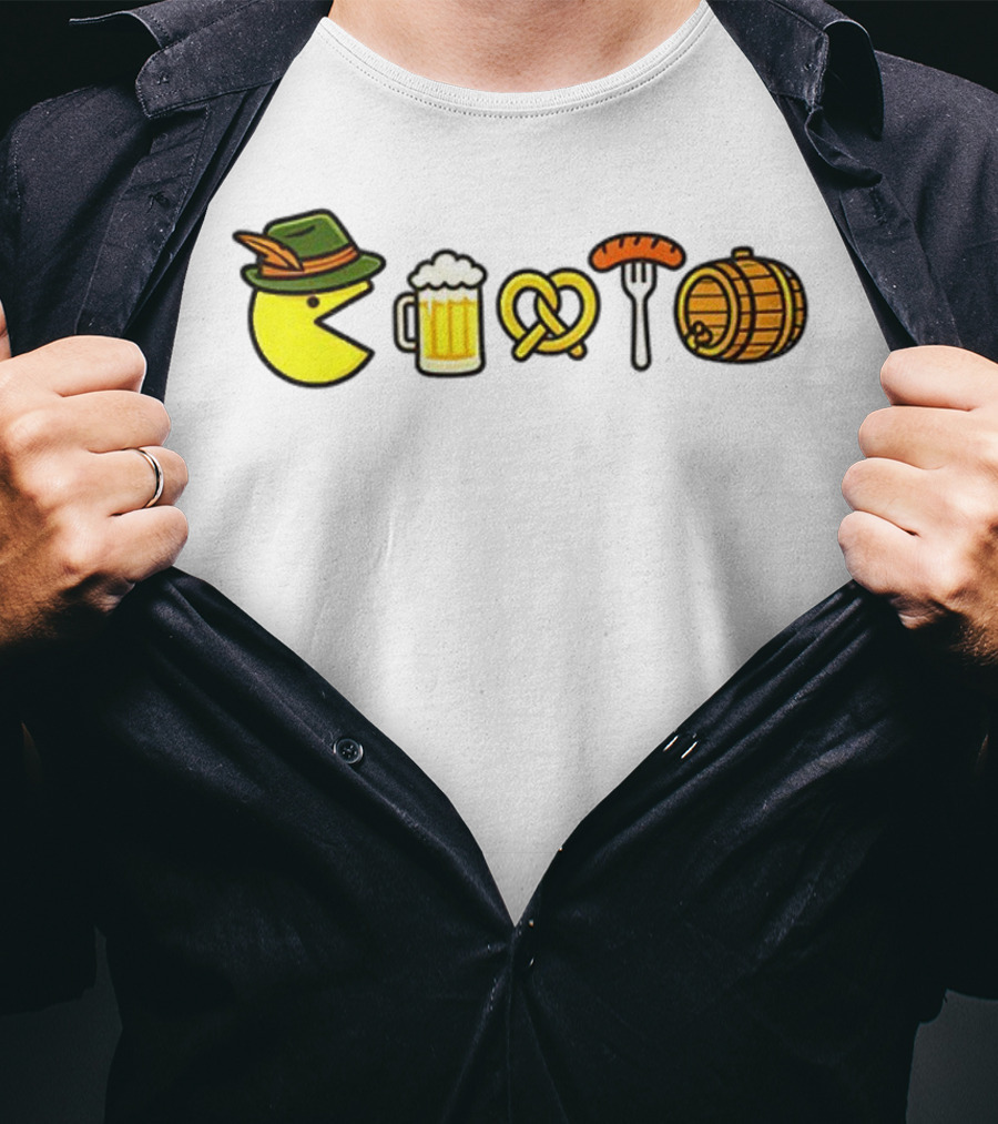 Pac-Man Oktoberfest Beer Pretzel Sausage Barrel Icons T-Shirt