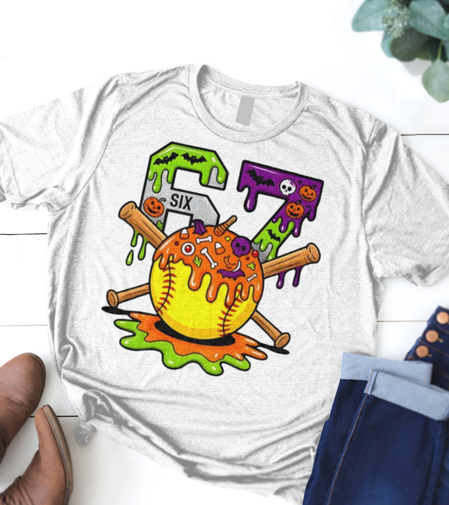 Halloween Softball 67 Six Seven Dripping Bats Pumpkins Bones Skull T-Shirt