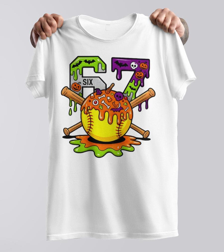 Halloween Softball 67 Six Seven Dripping Bats Pumpkins Bones Skull T-Shirt