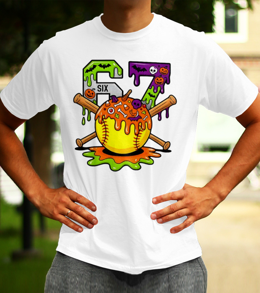Halloween Softball 67 Six Seven Dripping Bats Pumpkins Bones Skull T-Shirt