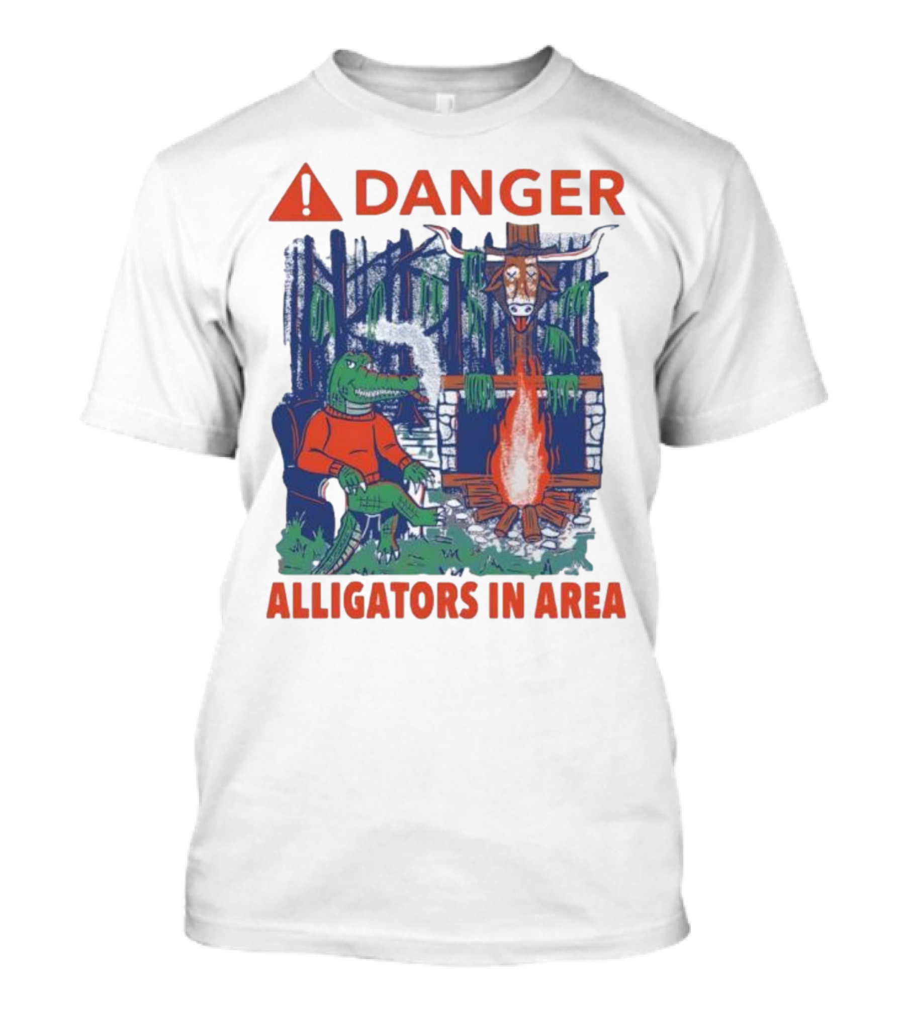 Danger Alligators In Area Florida Gators Texas Longhorns Campfire Warning T-Shirt