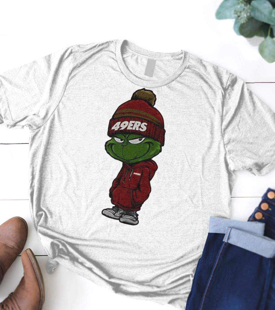 Grinch Wearing 49ers Beanie And San Francisco Football Crossover T-Shirt