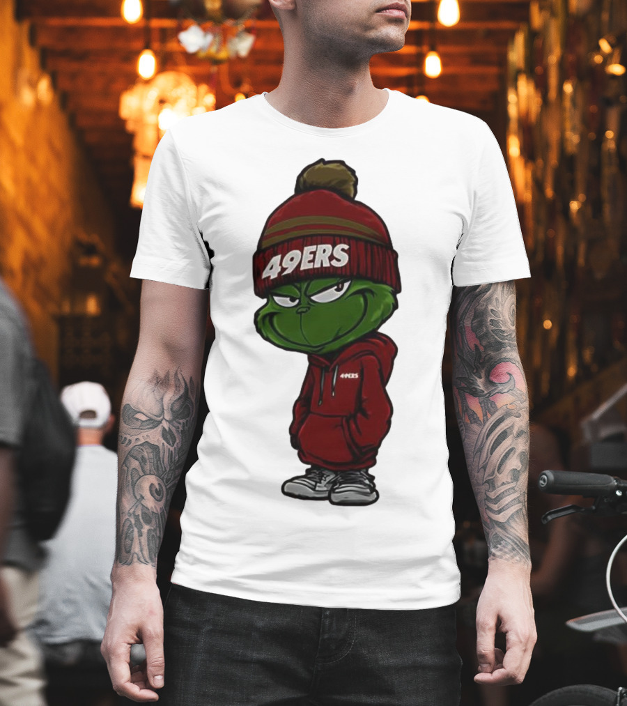 Grinch Wearing 49ers Beanie And San Francisco Football Crossover T-Shirt
