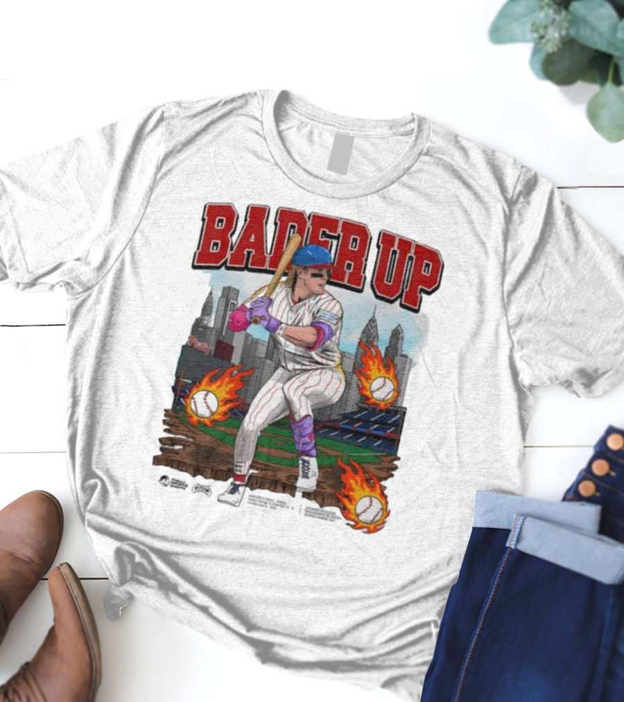 Bader Up Baseball Player Philadelphia Skyline And Flaming Baseballs T-Shirt