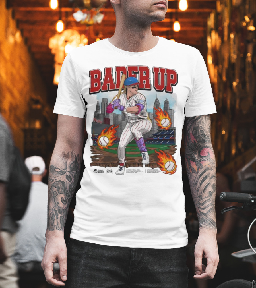 Bader Up Baseball Player Philadelphia Skyline And Flaming Baseballs T-Shirt