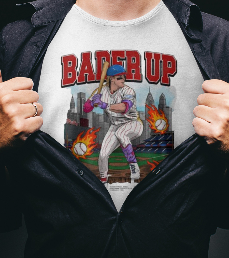 Bader Up Baseball Player Philadelphia Skyline And Flaming Baseballs T-Shirt