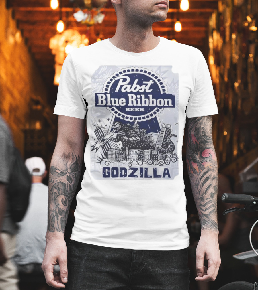 Pabst Blue Ribbon Beer Godzilla Monster Rampage Retro T-Shirt