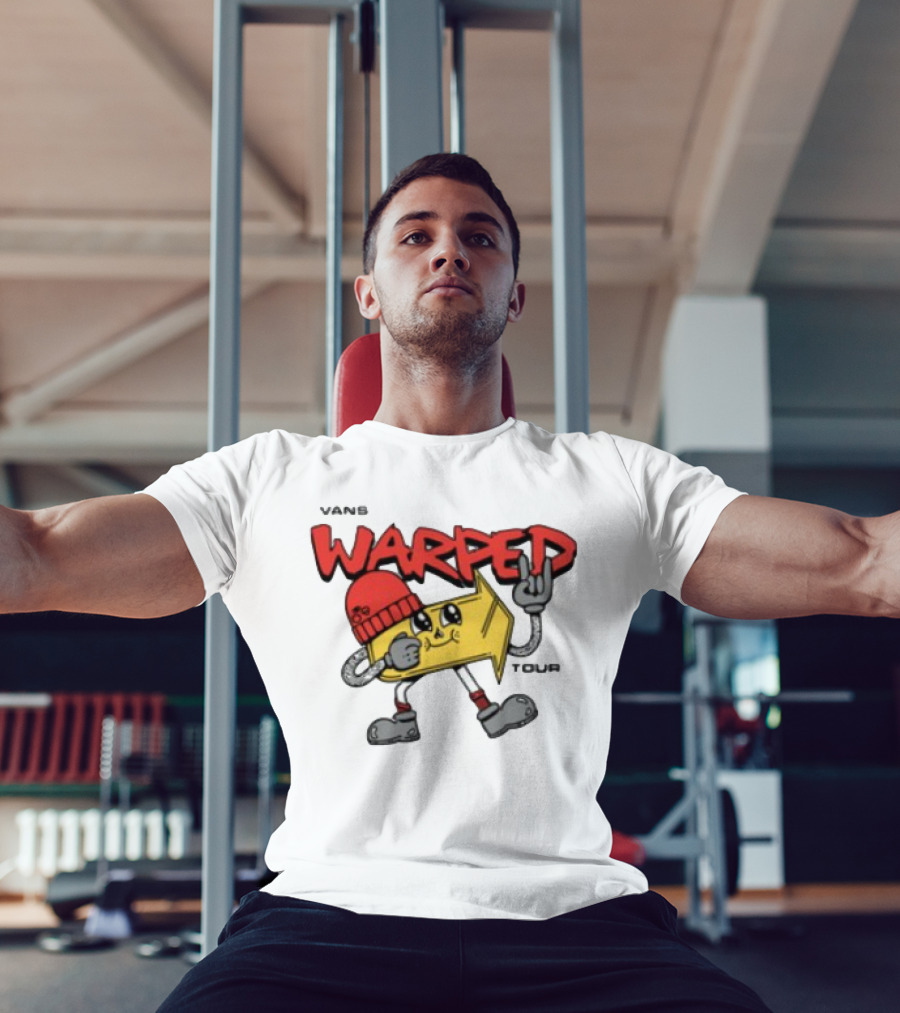 Vans Warped Tour Yellow Arrow Mascot With Red Beanie And Rock Gesture T-Shirt