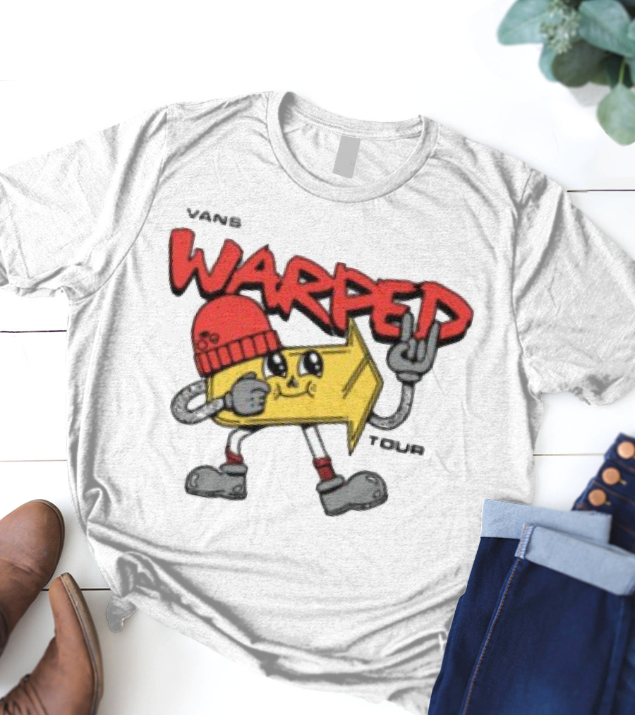 Vans Warped Tour Yellow Arrow Mascot With Red Beanie And Rock Gesture T-Shirt