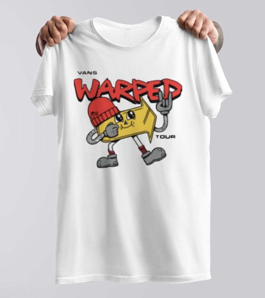 Vans Warped Tour Yellow Arrow Mascot With Red Beanie And Rock Gesture T-Shirt