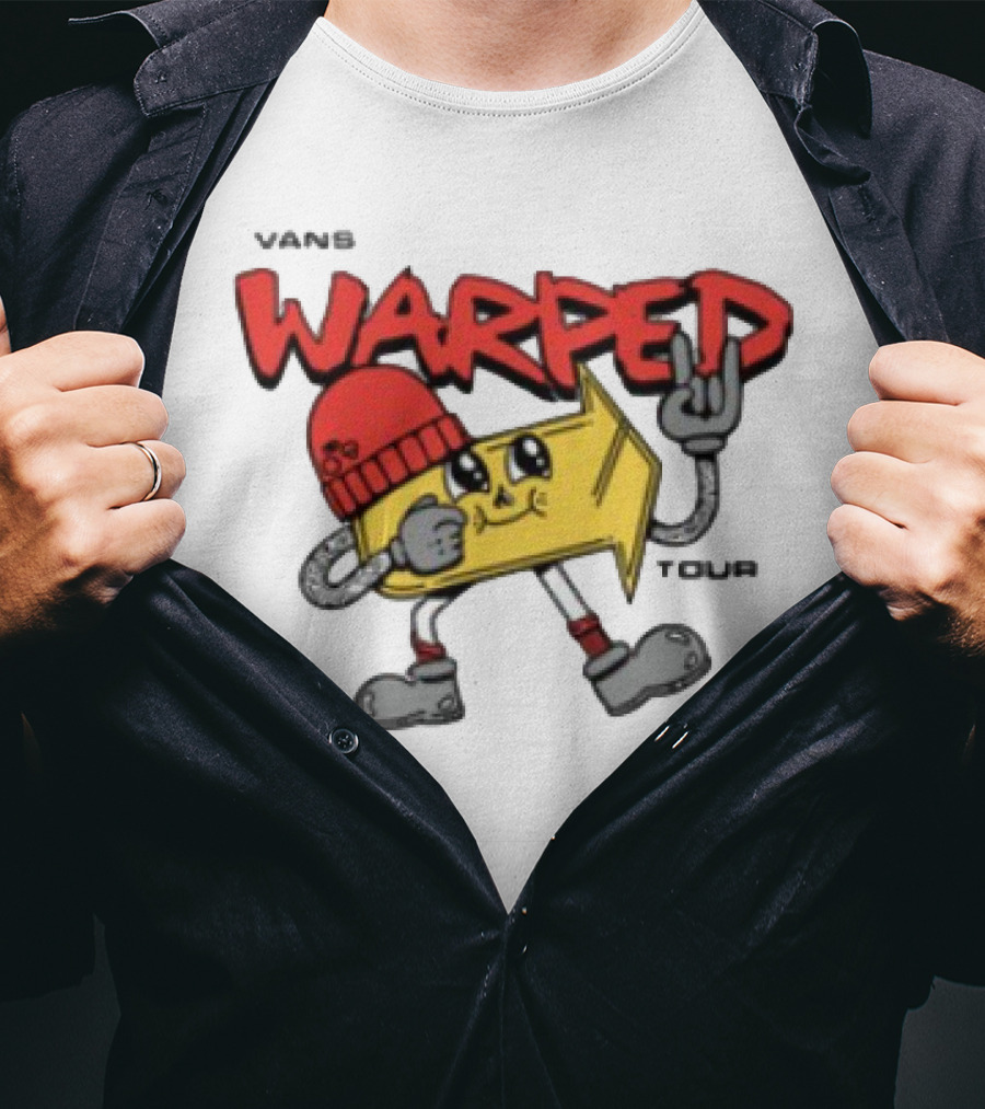 Vans Warped Tour Yellow Arrow Mascot With Red Beanie And Rock Gesture T-Shirt