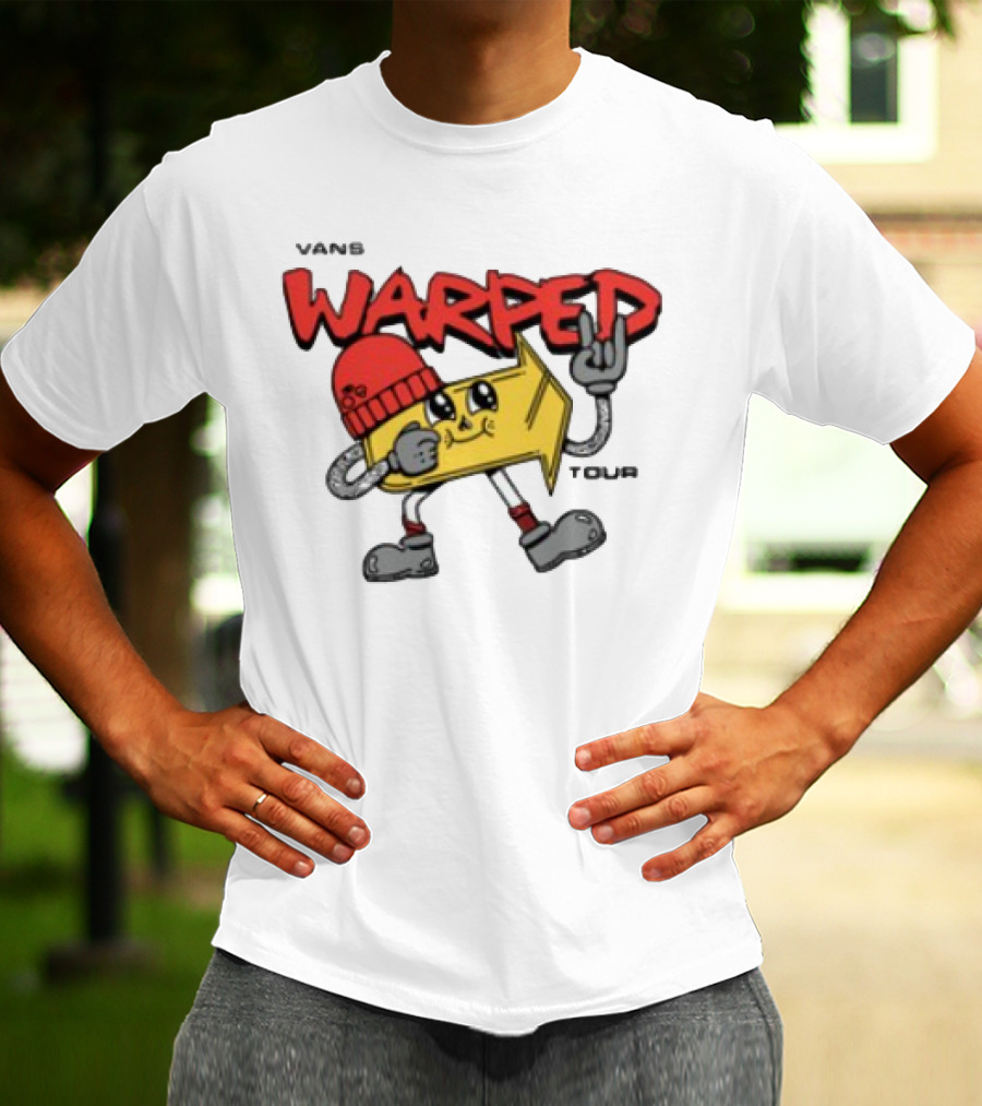 Vans Warped Tour Yellow Arrow Mascot With Red Beanie And Rock Gesture T-Shirt