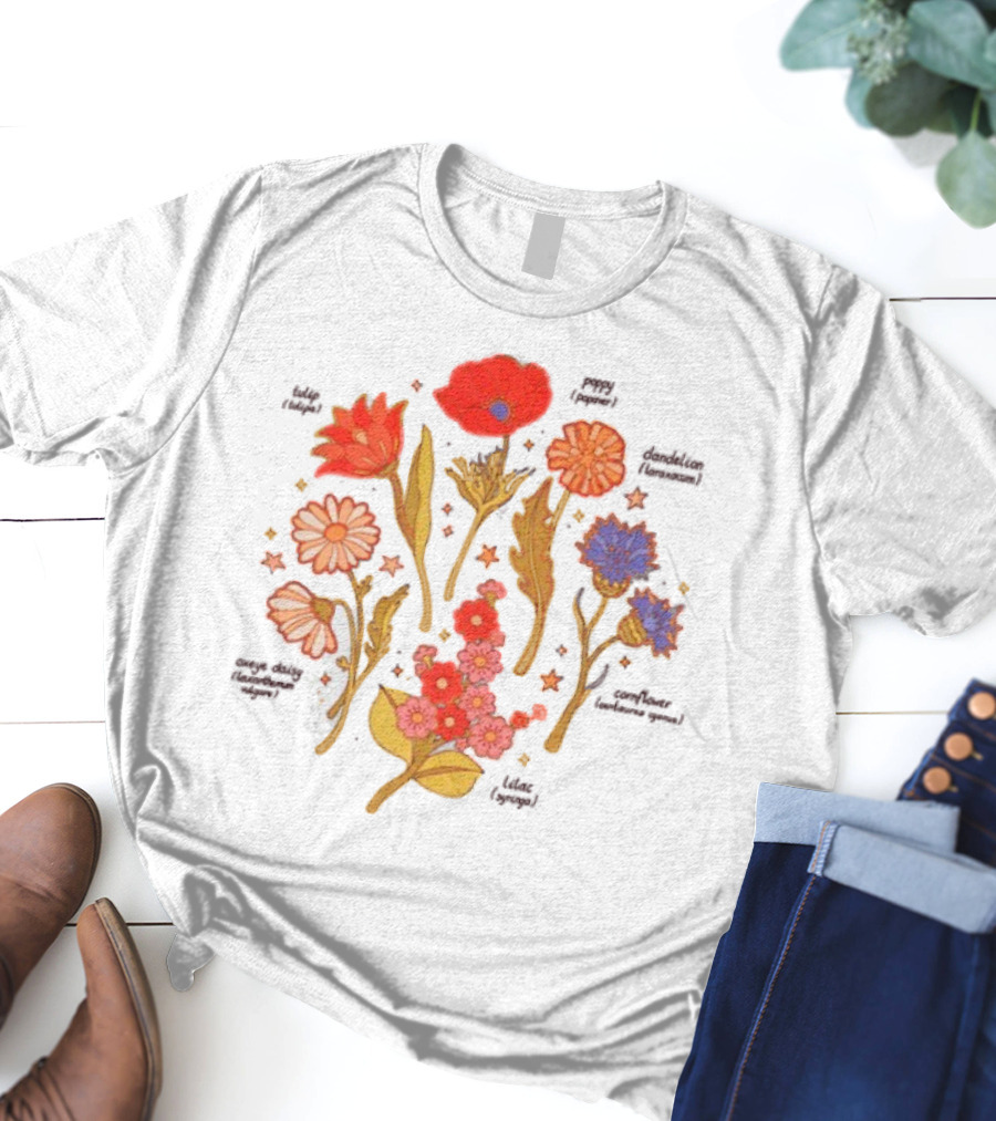 Botanical Revival Tulip Poppy Daisy Cosmos Lavender Floral Arrangement T-Shirt