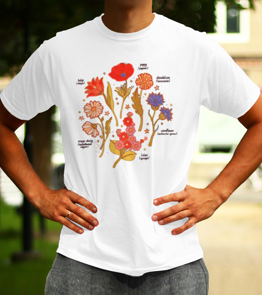 Botanical Revival Tulip Poppy Daisy Cosmos Lavender Floral Arrangement T-Shirt