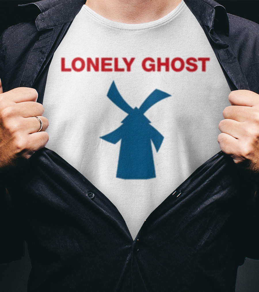 Lonely Ghost Windmill Classic Red Text Blue Silhouette T-Shirt