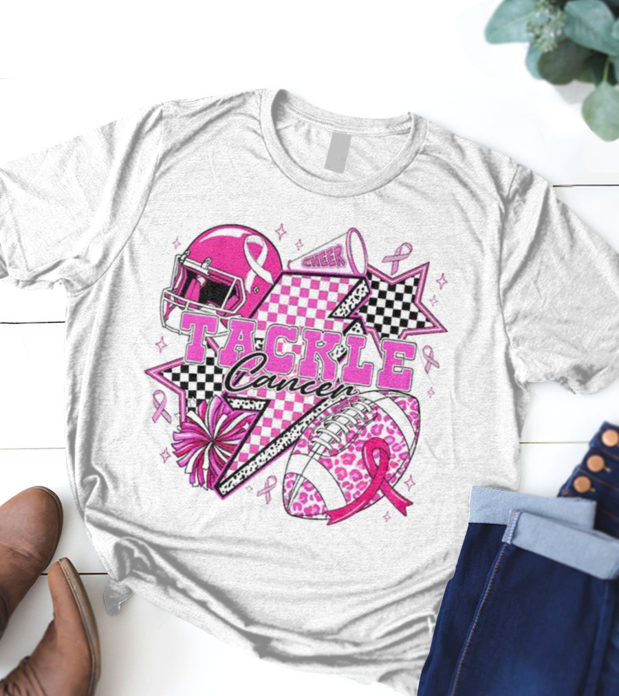 Pink Football Tackle Cancer Cheer Breast Cancer Awareness Ribbons T-Shirt
