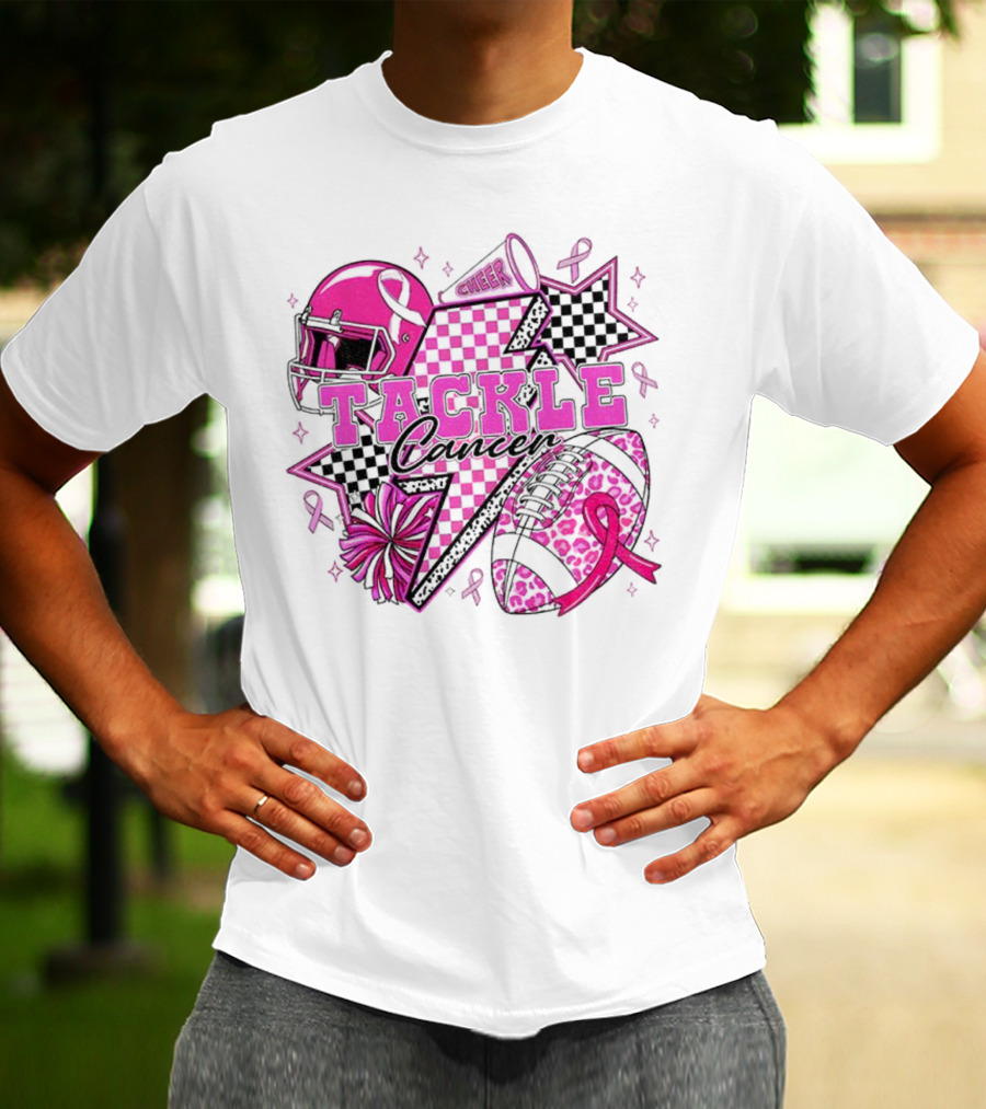 Pink Football Tackle Cancer Cheer Breast Cancer Awareness Ribbons T-Shirt