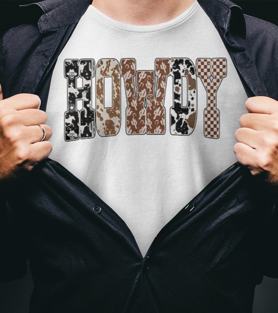 Western Ghost Howdy Cowboy Checkered Halloween Letters T-Shirt