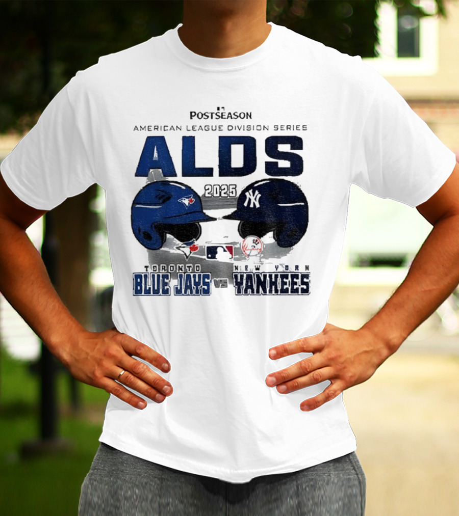 Toronto Blue Jays Vs New York Yankees 2025 ALDS MLB Postseason Helmets Bats Showdown T-Shirt