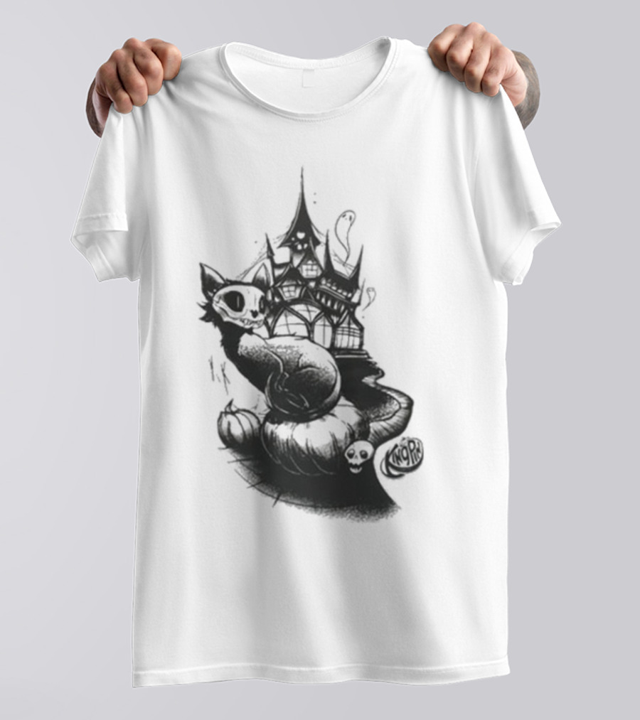 Kingpin Skelecat Haunt By Kellan Horner Ghostly Cat With Crown And Smoke T-Shirt