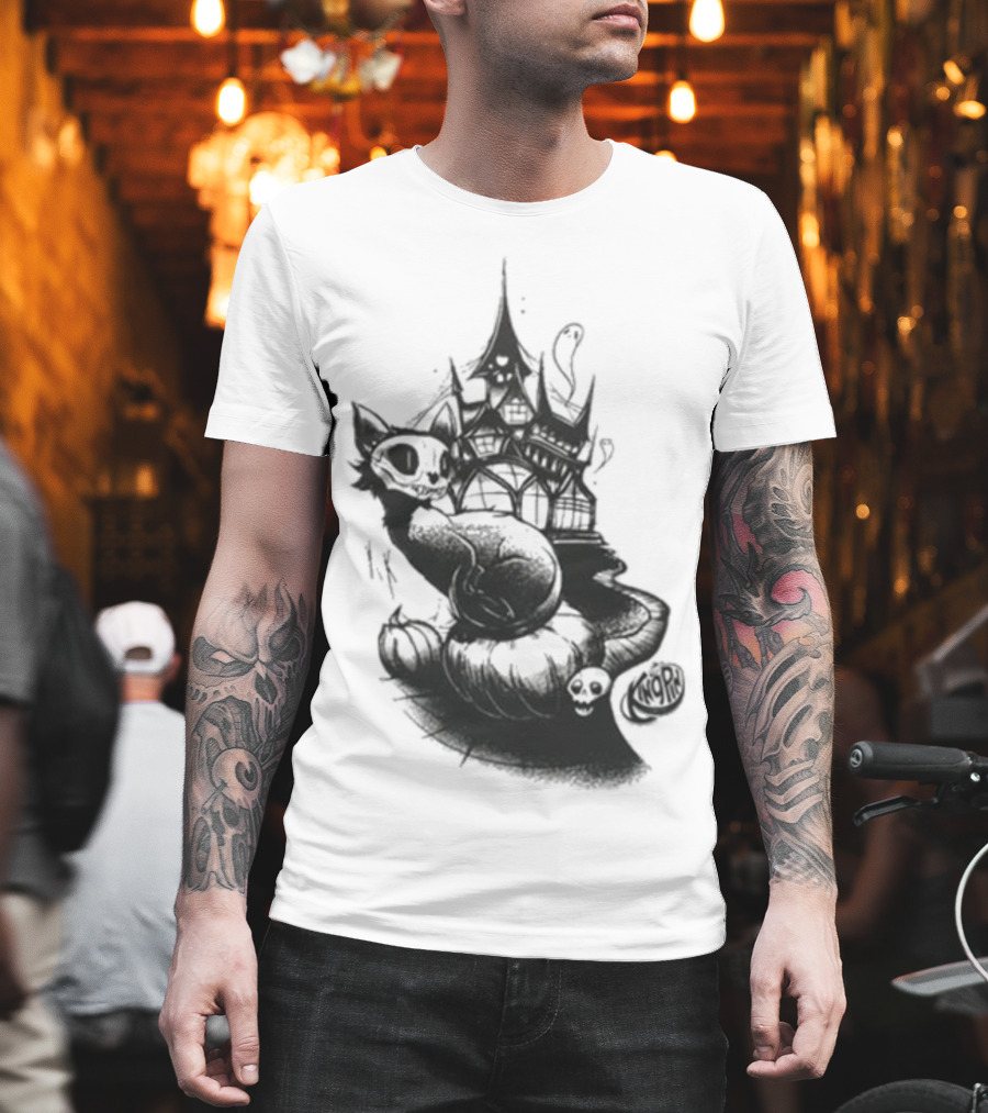 Kingpin Skelecat Haunt By Kellan Horner Ghostly Cat With Crown And Smoke T-Shirt