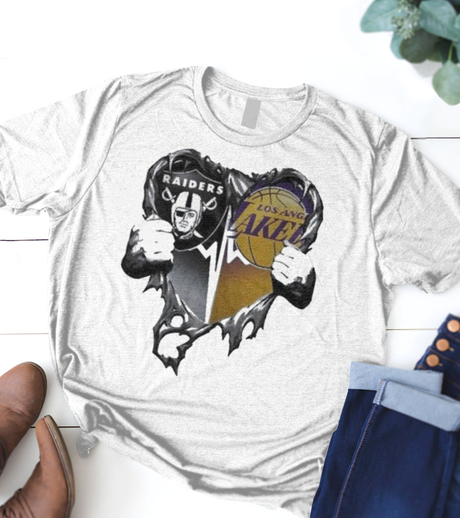 Las Vegas Raiders Los Angeles Lakers Heart Design T-Shirt
