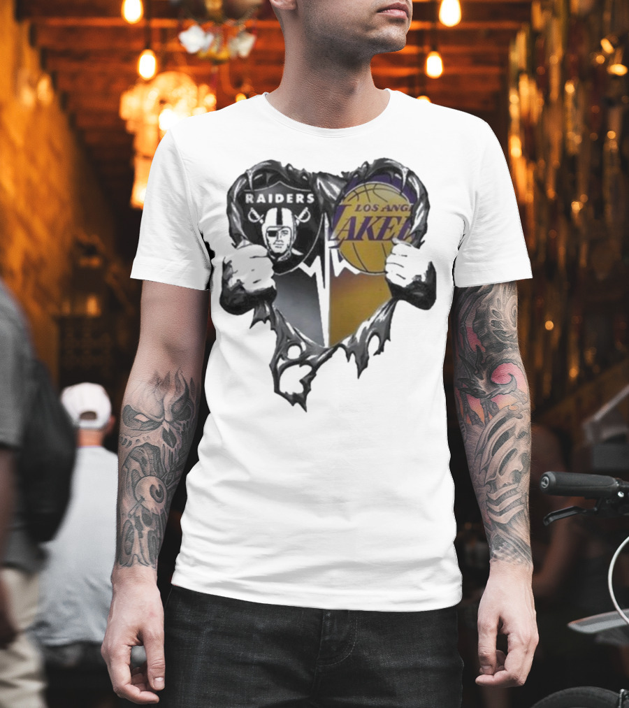 Las Vegas Raiders Los Angeles Lakers Heart Design T-Shirt