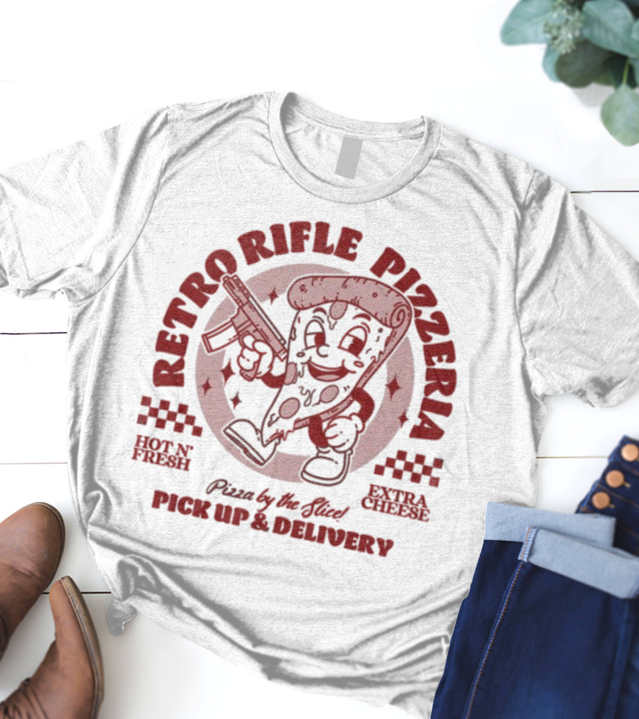 Retro Rifle Pizzeria Pick Up And Delivery Hot N Fresh Extra Cheese Pizza By The Slice T-Shirt