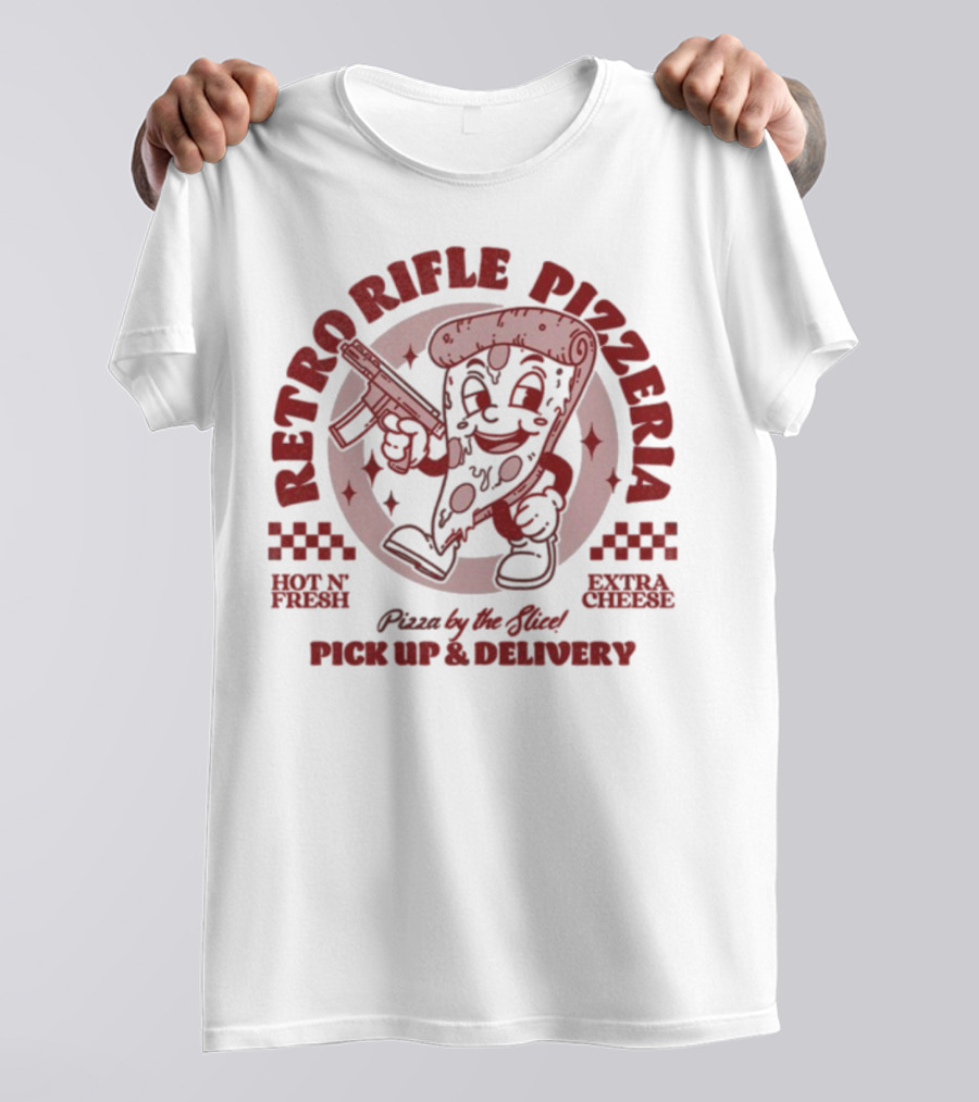 Retro Rifle Pizzeria Pick Up And Delivery Hot N Fresh Extra Cheese Pizza By The Slice T-Shirt